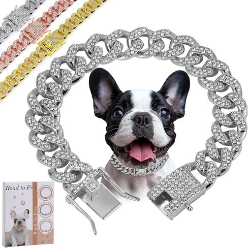 Silver Dog Chail Diamond Twilar Calking Stain Stain مع مشبك آمن ، إكسسوارات مجوهرات ذوي الياقات البيضاء الكوبية للكلاب الصغيرة المتوسطة الكبيرة ، متوفرة في هدية الحيوانات الأليفة (الفضة ، 16 بوصة) in Kuwait