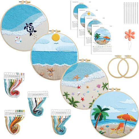 ElasignShopo 4 Set Ocean Embroidery Kit for Beginners Adults Embroidery Starter Kit Ocean Beach Patterns Hand Crewel Embroidery Kit Cross Stitch Kits Includes Instruction 2 Hoops Color Threads Needles in Kuwait