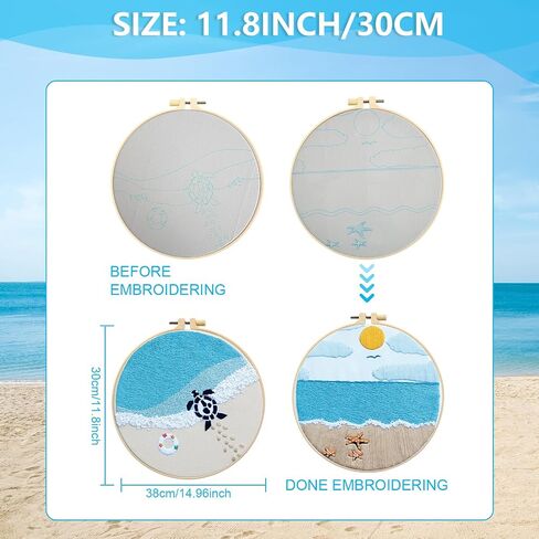 ElasignShopo 4 Set Ocean Embroidery Kit for Beginners Adults Embroidery Starter Kit Ocean Beach Patterns Hand Crewel Embroidery Kit Cross Stitch Kits Includes Instruction 2 Hoops Color Threads Needles in Kuwait