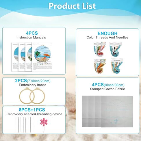 ElasignShopo 4 Set Ocean Embroidery Kit for Beginners Adults Embroidery Starter Kit Ocean Beach Patterns Hand Crewel Embroidery Kit Cross Stitch Kits Includes Instruction 2 Hoops Color Threads Needles in Kuwait