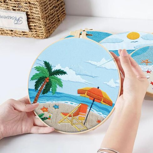 ElasignShopo 4 Set Ocean Embroidery Kit for Beginners Adults Embroidery Starter Kit Ocean Beach Patterns Hand Crewel Embroidery Kit Cross Stitch Kits Includes Instruction 2 Hoops Color Threads Needles in Kuwait