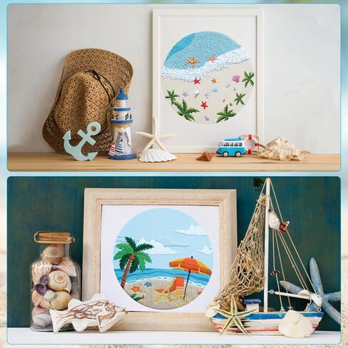 ElasignShopo 4 Set Ocean Embroidery Kit for Beginners Adults Embroidery Starter Kit Ocean Beach Patterns Hand Crewel Embroidery Kit Cross Stitch Kits Includes Instruction 2 Hoops Color Threads Needles in Kuwait