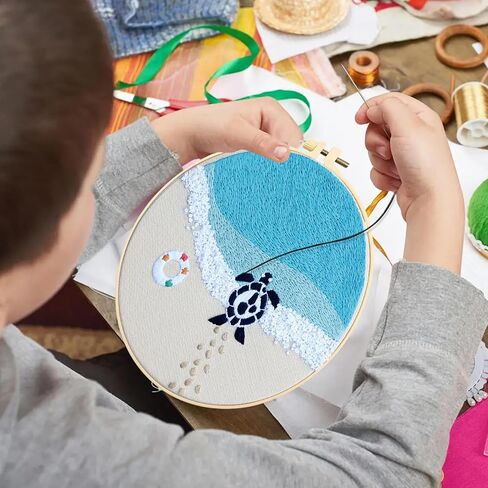 ElasignShopo 4 Set Ocean Embroidery Kit for Beginners Adults Embroidery Starter Kit Ocean Beach Patterns Hand Crewel Embroidery Kit Cross Stitch Kits Includes Instruction 2 Hoops Color Threads Needles in Kuwait