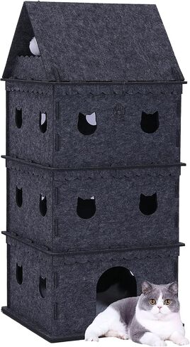 3-Storey Cat House for Indoor Cat Condos,Pet Cat Bed Hideaway Strong Castle for Multiple & Large Cats (3-Storey, 21.8''×21.8''×37'') in Saudi Arabia