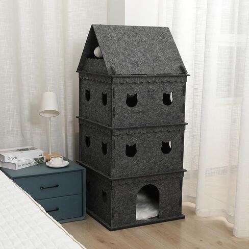 3-Storey Cat House for Indoor Cat Condos,Pet Cat Bed Hideaway Strong Castle for Multiple & Large Cats (3-Storey, 21.8''×21.8''×37'') in Saudi Arabia