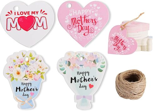 BEISHIDA 100PCS Mother's Day Gift Tags, 4 Patterns Happy Mother's Day Hanging Labels, Bulk Gift Paper Tags with Strings, Heart Floral Shaped Best Mom Labels for Bags,Candy Bags,DIY Crafts Party in Kuwait