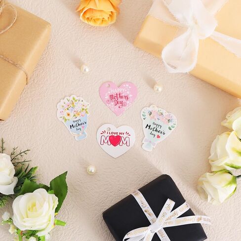 BEISHIDA 100PCS Mother's Day Gift Tags, 4 Patterns Happy Mother's Day Hanging Labels, Bulk Gift Paper Tags with Strings, Heart Floral Shaped Best Mom Labels for Bags,Candy Bags,DIY Crafts Party in Kuwait