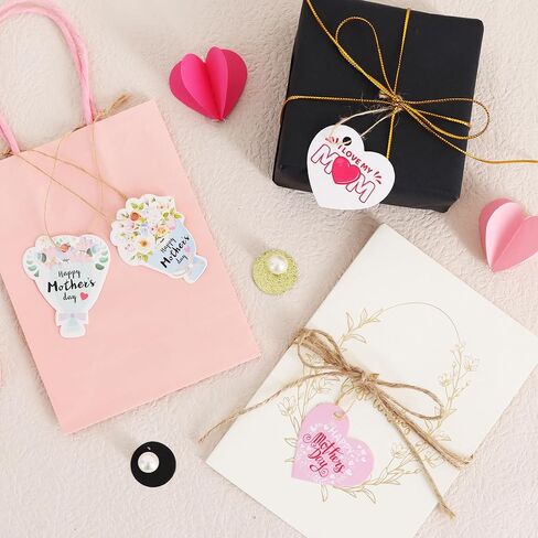 BEISHIDA 100PCS Mother's Day Gift Tags, 4 Patterns Happy Mother's Day Hanging Labels, Bulk Gift Paper Tags with Strings, Heart Floral Shaped Best Mom Labels for Bags,Candy Bags,DIY Crafts Party in Kuwait