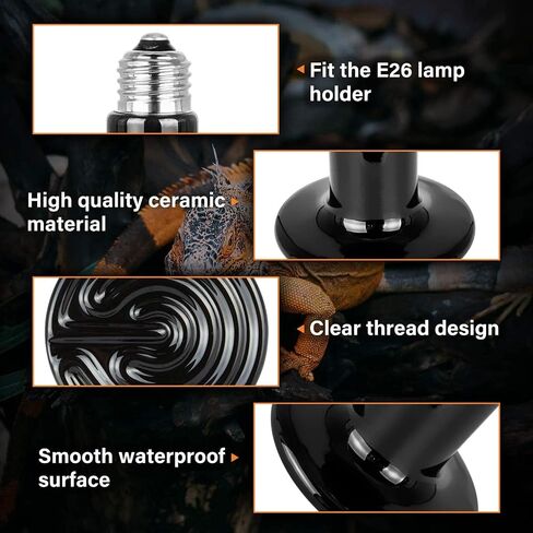 Simple Deluxe 50W Ceramic Heat Emitters, Pack of 4 Reptile Heat Lamp Bulbs for Amphibian Pet & Incubating Chicken (Black, 50 Watts) in Saudi Arabia