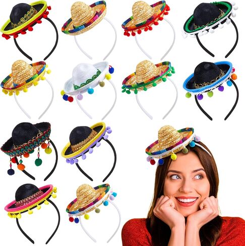 Mumufy 12 Pcs Cinco De Mayo Sombrero Headband Hats Bulk Mini Hat Headband with Fiesta Fabric Mexican Theme Decorations(Classic) in Kuwait