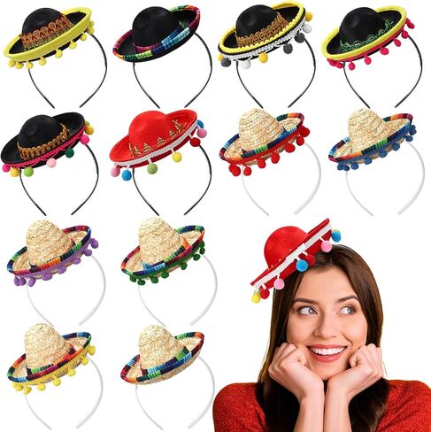 Mumufy 12 Pcs Cinco De Mayo Sombrero Headband Hats Bulk Mini Hat Headband with Fiesta Fabric Mexican Theme Decorations(Classic) in Kuwait