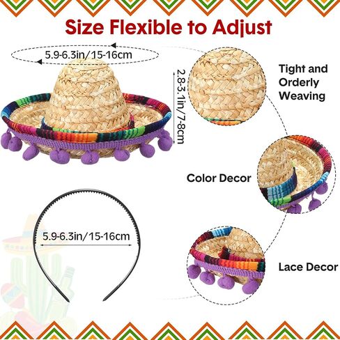 Mumufy 12 Pcs Cinco De Mayo Sombrero Headband Hats Bulk Mini Hat Headband with Fiesta Fabric Mexican Theme Decorations(Classic) in Kuwait