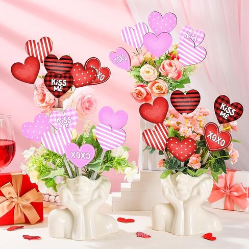 24 PCS عيد الحب ديكور يختار اختيارات القلب الخشبية مزدوجة على الوجهين مع كلمة رومانسية ديكور عصي القلب الخشبية لعيد الحب زخارف زفاف مزهرية المنزل (لطيف) in Kuwait