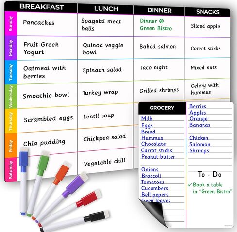 Magnetic Dry Erase Menu Planner & Grocery List Set - Black Meal Planner for Fridge 11.5"x15" - Grocery List 7"x9" - Menu Board - Meal Calendar - 6 Markers & Eraser Cap in Saudi Arabia