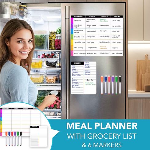 Magnetic Dry Erase Menu Planner & Grocery List Set - Black Meal Planner for Fridge 11.5"x15" - Grocery List 7"x9" - Menu Board - Meal Calendar - 6 Markers & Eraser Cap in Saudi Arabia