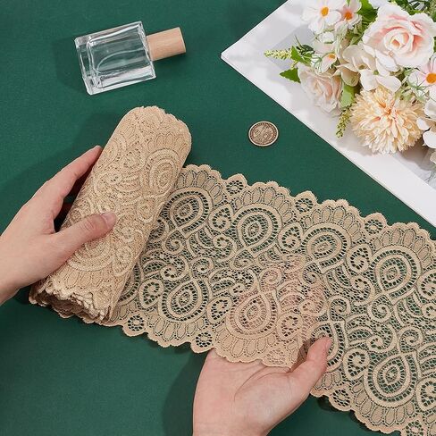 NBEADS 6 Yards Stretch Sewing Lace Trim Fabric, 7.48Inch Wide Elastic Lace Ribbon White Lace Trim for Bridal Wedding Decorations, Sewing DIY Making and DIY Crafts in Kuwait