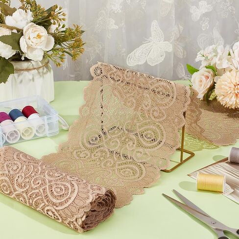 NBEADS 6 Yards Stretch Sewing Lace Trim Fabric, 7.48Inch Wide Elastic Lace Ribbon White Lace Trim for Bridal Wedding Decorations, Sewing DIY Making and DIY Crafts in Kuwait