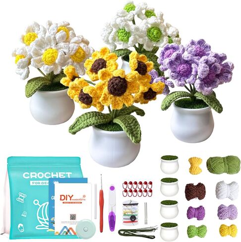 Madwave Crochet Kit for Beginners, 4 Cute Crochet Daisy Flower Pot Kit for Beginners Adults & Kids with Complete DIY Set, Step-by-Step Video Tutorials, Yarn, Hook, and All Accessories Included in Saudi Arabia