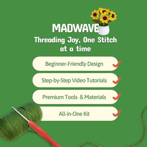 Madwave Crochet Kit for Beginners, 4 Cute Crochet Daisy Flower Pot Kit for Beginners Adults & Kids with Complete DIY Set, Step-by-Step Video Tutorials, Yarn, Hook, and All Accessories Included in Saudi Arabia