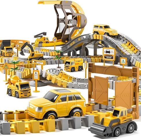 TEMI 236 PCS Construction Toys Race Tracks for 3 4 5 6 Year Old Boys, Flexible Track Playset and 6 PCS Construction Car for Kids Toys, Birthday Gift for Age 3-9 Boys Toddler Girls in Saudi Arabia