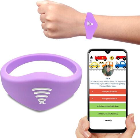 Kids ID Bracelet, Fitted NFC Safety Wristband, Waterproof Slip-On ID Band | Waterproof silicone; not GPS; wrist or ankle wear; ideal for theme parks, travel & beaches; slip-on fit in Kuwait