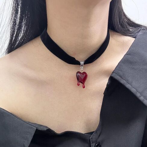3/4" Black Velvet Ribbon Blood Red Heart Charm Vampire Costume Choker Necklace for Halloween Holiday in Saudi Arabia