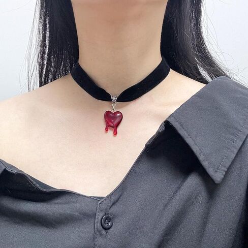 3/4" Black Velvet Ribbon Blood Red Heart Charm Vampire Costume Choker Necklace for Halloween Holiday in Saudi Arabia
