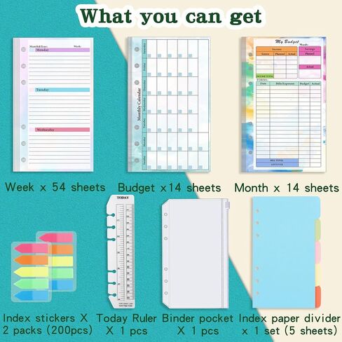 Monthly Weekly Planner Refills Budget Paper Kit for A6 Binder Cover, 6 Ring Planner Accessory for Budget Planner Binder Cover, Money Binder Organizer for Cash (Greenery) in Kuwait