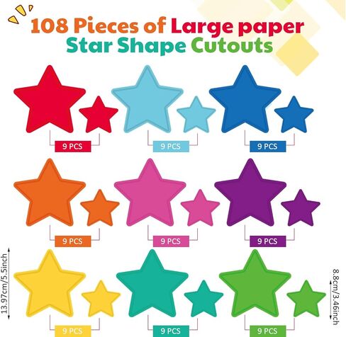 Geyee 108 Pcs Star Cutouts Bulletin Board Stars Classroom Cutouts Decorations 3.5 Inch Colorful Paper Star Shaped Die Cut for Teachers Kids DIY Craft School Chalkboard Wall Decor in Kuwait