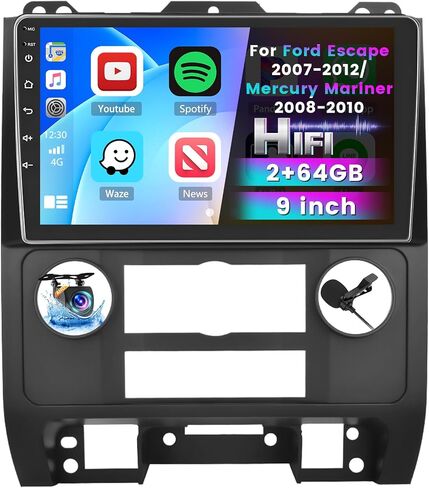 Roinvou 2+64G Android CarPlay Stereo for 07-12 Ford Escape/08-10 Mercury Mariner/08-12 Mazda Tribute, 9'' Touch Screen in-Dash GPS Navigation with Wireless CarPlay Android Auto Mirror Link BT RDS AHD in Saudi Arabia