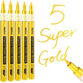 5 Pack Super Gold Paint Pens ، Metallic Acrylic Paint Marker Glitter Tip Outside-Fine Tip 0.7 مم للخشب ، الرسم الصخري ، الزجاج ، النسيج ، الحرف اليدوية DIY