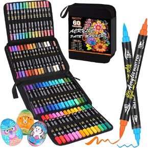 128 Acrylic Paint Markers, Dual Tip Brush Paint Pens for Rock Painting, Wood, Glass, Stone, Canvas, Ceramic, Fabric - Fine & Brush Tip Water Based Acrylic Markers Pens