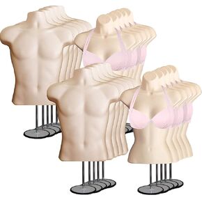 DisplayTown Male and Female Mannequin Torso with Metal Stand Hollow Back Body Stackable Dress Form for Tshirt Display, Countertop, Craft Shows, Photos and Design, S-M Clothing Size (Gray, Set of 1)