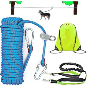 Dog Tie Out Cable for Camping, Dog Trolley System and 4ft Bungee Leash for Dogs Up to 400lbs, Suitable for Camping, Yard and Outdoor Events (Blue25, 100Ft)