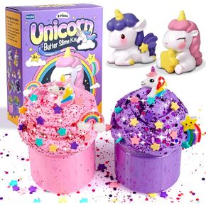 2 حزمة زبدة الوحل طقم للأطفال مع بريق ، التماثيل يونيكورن ، قوس قزح ونجوم الملحقات - DIY Slime Toy Gift for Girls & Boys ، Forms Favors ، Stocking Stuffers ، Easter Basket Stuffers