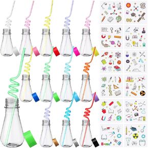 36 Pcs Science Party Theme Cups Set with Silly Loop Straws Science Stickers Plastic Reusable Conical Flask Round Bottom Flask Shape Bottles for Birthday Party Decorations
