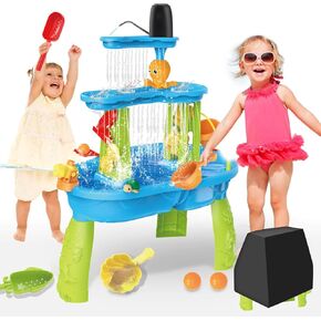 Dolanus 3-Tier Water Table for Toddlers with Pump, Table Cover, Beach Toy - Sand Activity Sensory Playset, Summer Outdoor Outside Pool Backyard Toys for Kids Baby 3 4 5 8 Year Old Boys Girls