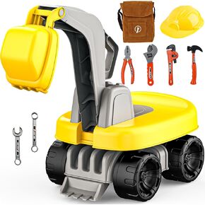 BELLOCHIDDO Ride-On Excavator Toy with Safety Helmet & Tool Kit - Toddler Beach Toy Sand Play Set Kids Excavator, Pretend Construction Set with Tools, Outdoor Learning Toys for Boys Girls