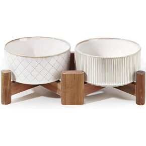 Getstar Ceramic Dog Bowls with Acacia Wood Stand, 30 fl oz, Set of 2, Dog Food Bowl, Cat Bowls (6.5 inches, Stripes and Checks)