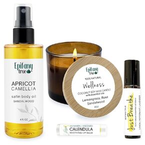 مجموعة هدايا للعناية الذاتية ، APRICOT & CAMELLIA ، 4 أوقية ، 4 قطع ، 4 قطع ، شمعة جوز الهند الطبيعية ، معطرة ، شمعة 4oz ، مرهم الشفاه التقويم 0.15 أوقية ، مجرد تنفس الزيت الأساسي على مدار 0.33 أوقية