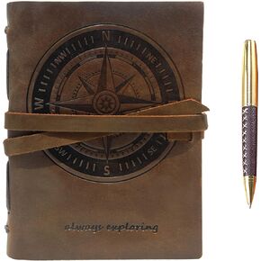 Leather Bound Journal for Men and Women, Handmade Gift Set with Mountain Embossed Journal and Stylish Pen, Vintage and Classic, Notebook, Sketchbook, Planner and Diary (300 Pages) (8x6")