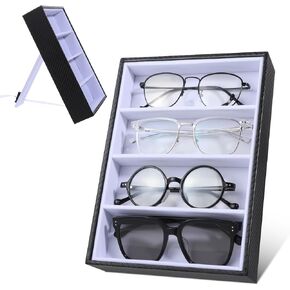 Prasacco Sunglasses Organizer Storage, Glasses Rack 9.84 x 7.17 x 1.85 Inch Unisex Eyeglass Holder 4 Grids Storage Rack with Retractable Stand for Glasses, Watches, Small Items