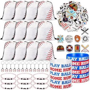 Leifide 148 PCS Baseball Party Gifors فريق البيسبول تشمل حقيبة الرباط ، وأصحاب المعصم السيليكون ، وسلسلة المفاتيح ، وقلادات الحبل المضفرة والملصقات هدايا عيد ميلاد لاعبي البيسبول لاعبي البيسبول