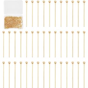 UniCraftale 500pcs كرات رأس الدبابيس 18 كيلو جولد جولد مُطَسِّم من جروح رأس صناديق الرأس القابلة للانحناء من النحاس النحاس الدبابيس الطويلة الدبابيس المعدنية للعيون لقلادة سوار قلادة القرط