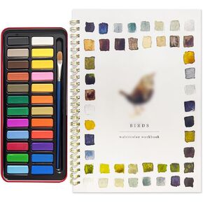 Watercolor Workbook, Beginner Friendly Bird Watercolor Workbook, 24 Colors Watercolor Paint Set with Paint Brush, Water Color Book for Children and Adults as Painting Gift(A)