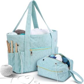 Bulyoou 2 Pcs Crochet Bag and Tote Set Corduroy Yarn Bag Crochet Tote Bag for Crochet Hooks Organizer Yarn Holder for Crochet Lovers Knitting Bag Crochet Accessories(Green)