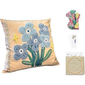 Punch Needle Pillow Kit for Adults & Beginners | Flower Punch Needle Kit | Large 17x17 Inch Craft Kit | Home Décor & DIY Projects | Gift for Adults & Kids(Blue)