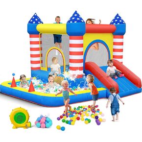 Culaluva Inflatable Bounce House: Bouncer Bouncy Castle 5 in 1 with Ball Pit & Slide for Kids Aged 3-8 - with 370W Blower & Storage Bag - Indoor Outdoor Play Stripes Style