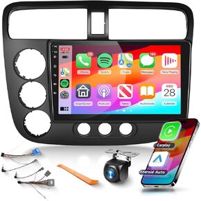 Car Stereo Radio with Wireless Apple CarPlay Android Auto for Honda Civic 2001 2002 2003 2004 2005 9 inch Android Touch Screen Bluetooth Radio with GPS Navigation WiFi Backup Camera Mic HiFi Audio