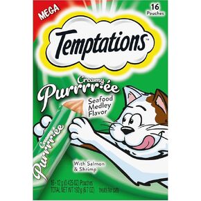 Temptations Creamy Puree Mix-Ups Seafood Medley Flavor Squeezable Lickable Wet Cat Treats, 0.42 oz. Tubes, 16 Count